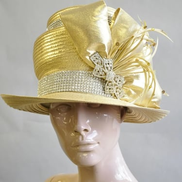 Vintage Whittall & Shon Metallic Gold Rhinestones 3 Tier Church Derby Crown Hat