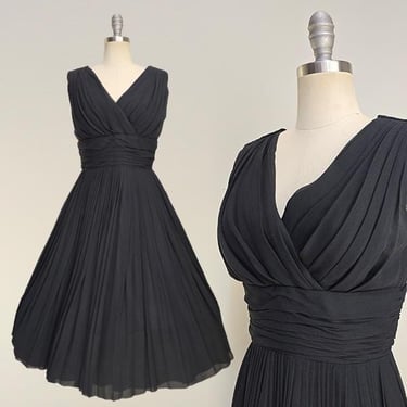1950s Dress / 1950s Chiffon Dress / Black Cocktail Dress / Party Dress / Size Medium 
