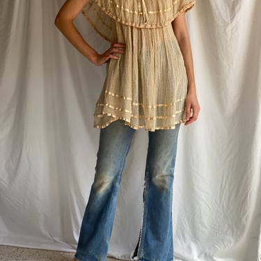 70s Gauze Blouse / Cream Cotton Hippie Shirt / Flutter Sleeves Ribbon Blouse / Sexy Festival Top / Cotton and Ribbon Blouse / Angel Sleeves 