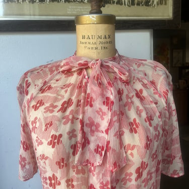 1930s Sheer Red and White Floral Print Day Dress with Bow Neck Shirt Dress Style 