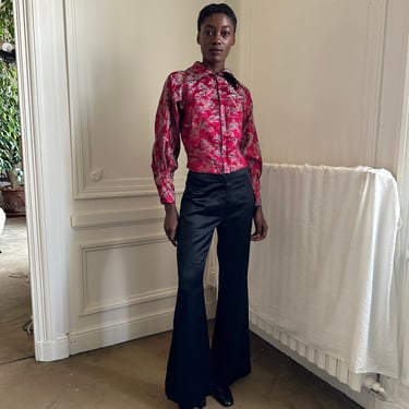 1970s British boutique Bus Stop by Lee Bender black satin pants, high waisted, flare leg / xxs - extra small 