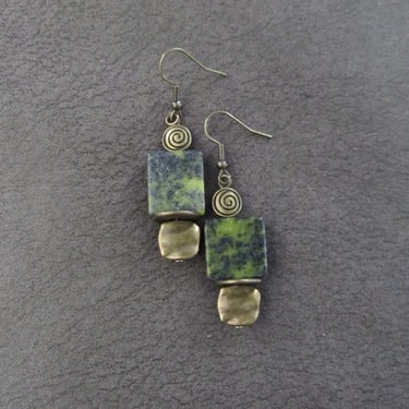 Green serpentine stone and bronze modern earrings 