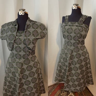 1950s Calico Print Day Dress with Basketweave Shrug Jacket Rockabilly Circle Skirt L 