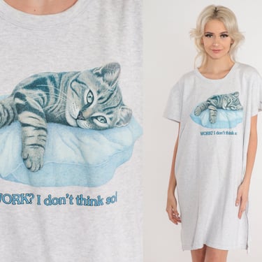 Cat T-Shirt Dress 90s Sleepy Kitten Pajamas Work? I Don't Think So! Cartoon Tshirt Mini Nightie Kawaii Tee Vintage 1990s Small Medium Large 