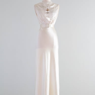 Gleaming 1930's Liquid Satin Ivory Bias Cut Wedding Gown / Medium