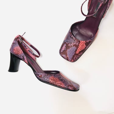 Vintage 90s Pink Purple Leather Snake Print High Heels Mary Janes By Kenneth Cole Size 7 Made in Italy Animal Print Heels Shoes Ankle Strap 