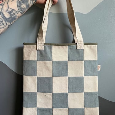 Handmade blue, off white, olive green checkerboard top handle tote bag 