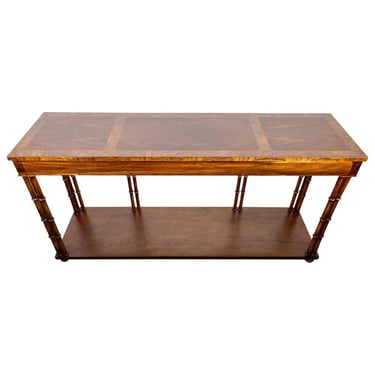 Regency Mid-Century Modern Baker Walnut Burl Faux Bamboo Console Table 
