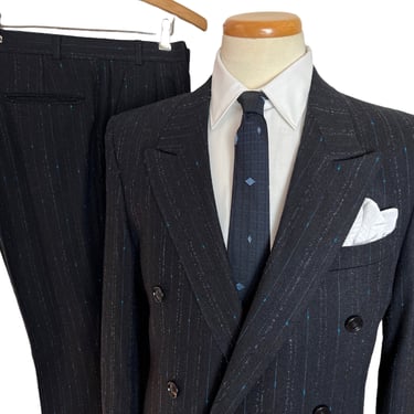Vintage 1980s Double-Breasted Wool 2pc Suit ~ 40 Long ~ 1980s does 1950s ~ Atomic Fleck ~ jacket / blazer / sport coat / pants ~ 