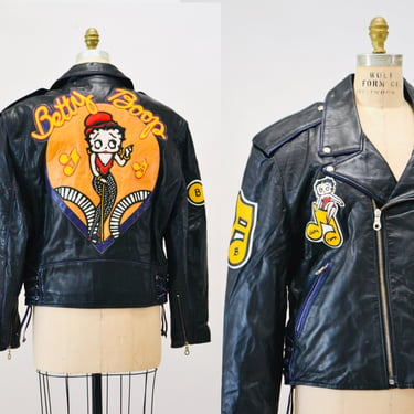 Vintage Black Leather Motorcycle Jacket Betty Boop by Montana Streetwear// 90s 80s Black Leather Biker Jacket Betty Boop Comic MEDIUM LARGE 