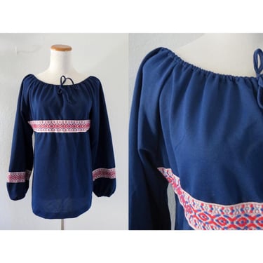 Vintage 70s Peasant Blouse - Boho Hippie Tunic Top - Navy Blue with Embroidered Trim - 1970s Flower Child Top - Size Medium / Large 