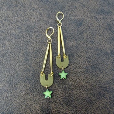 Green mother of pearl shell star and brass earrings 
