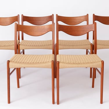 6 Arne Wahl Iversen Mid century teak dining chairs with papercord seats, Glyngøre Stolefabrik, Denmark, Model GS61, Set of 6, 1960s Vintage 