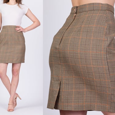 Vintage Houndstooth Mini Skirt - Small, 27" | 90s Plaid High Waist Retro Pencil Skirt 