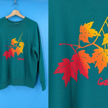 Vintage 90s Gatlinberg Ombre Leaf Print Pullover Sweatshirt - Nineties Large / XL Green Screen Printed Sweatshirt 