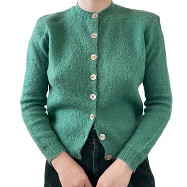 Vintage 1950s Womens Green Mohair Wool Fluffy Mid Mod Preppy Cardigan Sz S 