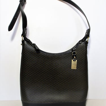 Dooney and Bourke Handbag, Black Yellow Perforated Leather, Cabrio Hobo Purse, Vintage Shoulder Bag 