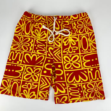 1960'S Board Shorts Swim Trunks - Hawaiian Print - All Cotton - Draw String Waistband - Patch Pocket - Size 34 to 38 Inch Waist 