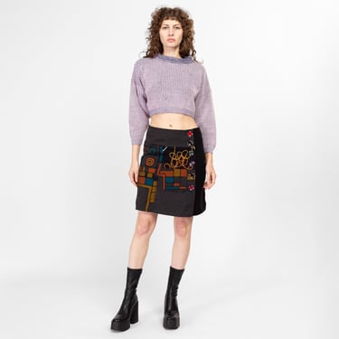 Medium Y2K Boho Graphic Soft Knit Mid Rise Mini Skirt | Vintage Wool Blend Button Front A Line Skirt 
