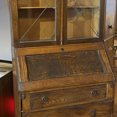 Antique Secretary and Cabinet w 3 Drawers and Leaded Glass