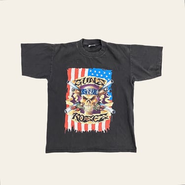 Vintage Guns N' Roses Tee Retro 91-92 Use Your Illusion Tour + Unisex + Size Large + Band Tee + Skull With Roses + American Flag + Apparel 