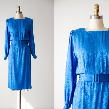 blue silk dress | 80s vintage Nilani silk jacquard long sleeve knee length dress 
