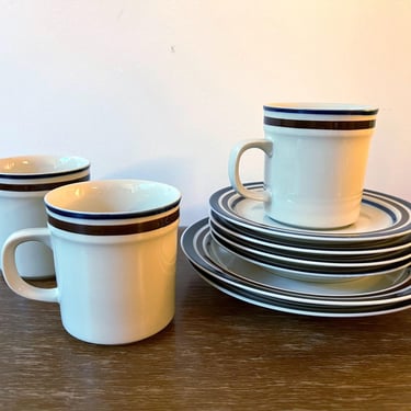 Vintage National Silver Flair Japan Blue / Brown Rim Salad Plates, Cups & Saucers | Retro Dinnerware | Rustic Cafe Diner Kitchen | Set of 9 