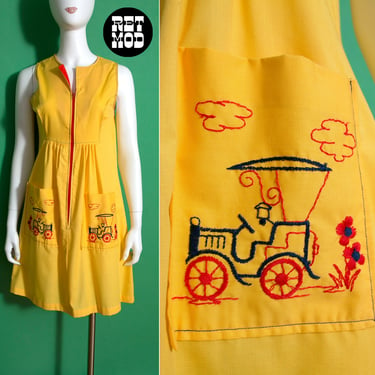 Super Cute Vintage 60s 70s Yellow & Red Cotton House Dress with Embroidered Antique Car 