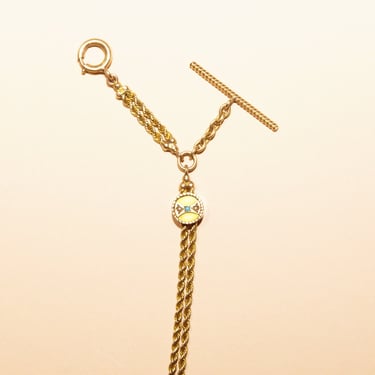 Antique 14K Ladies Pocket Watch Chain W/ Turquoise Seed Pearl Slide & T-Bar, Victorian Watch Chain Jewelry, 9" L 