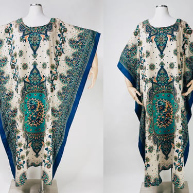 Vintage 70s-80s Tapestry Novelty Print Kaftan Muumuu w Rhinestones O/S | Mandala, Pakistan, Summer, Spring, Lounge, House Dress, Pool Side 