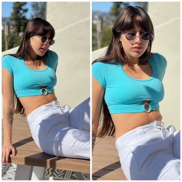 80s Streetwear Turquoise Blue Crop Top Key hole Ring Top S M 