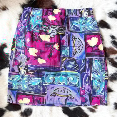 Vintage 90s High Waisted Colorful Printed Mini Skirt -- Size 26 