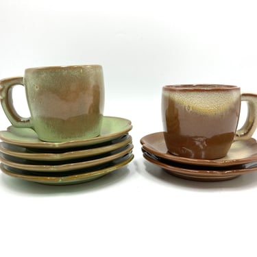 Frankoma Plainsman Cups and Saucers in Desert Gold and Prairie Green, Nos. 5C, 5E, Vintage Cup, Mug, Mugs, Saucer, Pottery, Dinnerware 