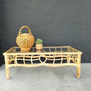 Rattan and Pencil Reed Glass Top Coffee Table