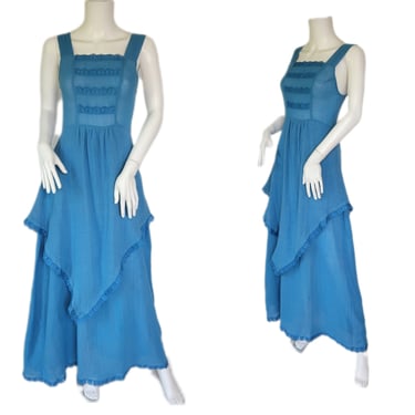 Y2K Cornflower Blue Indian Gauze Handkerchief Hem Maxi Dress I Sz Sm 