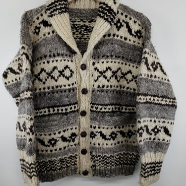 S 70s Wool Cowichan Knit Zip-Up Cardigan Sweater Gray Brown Small 1970s 1980s Cool Design Fall Autumn Icelandic Fair isle Style 