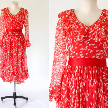 Vintage Adele Simpson Silk Chiffon Heart Dress - Saks Fifth Avenue - Full Ruffled Skirt Flounce Sleeve Party Dress - Small 