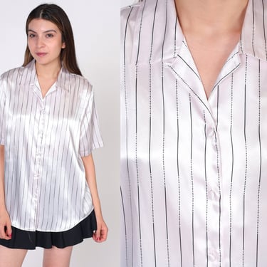 White Striped Shirt 90s Silky Shirt Satin Top Vintage Short Sleeve Button Up 1990s Shirt Black Stripes Casual Large 12 