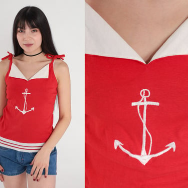 70s Anchor Top Red Tank Top Retro Nautical Sleeveless Shirt Sailor White V Neck Summer Blouse Spaghetti Strap Vintage 1970s Extra Small xs 