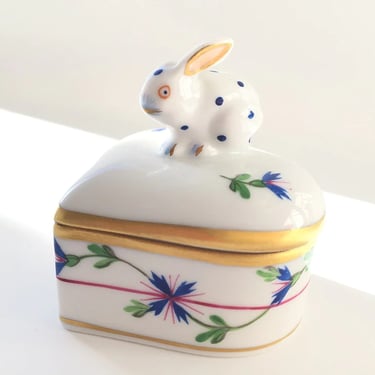 Herend porcelain box w/ bunny rabbit lid Heart shaped blue & white china ring or trinket box Spring decor Easter gift 