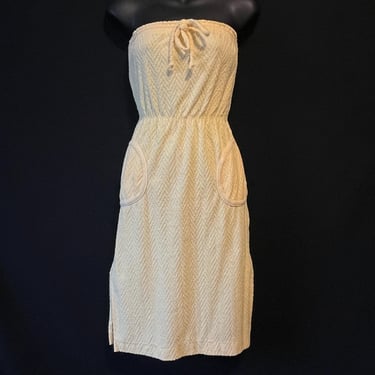 vintage strapless terry cloth dress 1970s yellow summer pull on small 