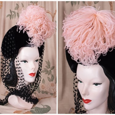 1940s Hat  - Fabulous Rare Vintage 40s Francois Modes Statement Hat in Black Velvet with Pink Ostrich Plume and Wide Gauge Net 