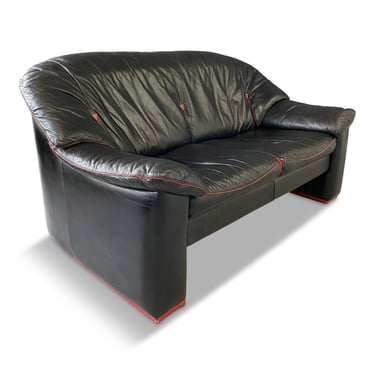 Postmodern Italian Black Leather Loveseat with Red Accents