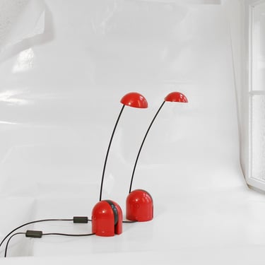 Pair Of Vibrant Red Plastic Vintage Postmodern Brilliant Leuchten Desk Lamps Retro Crane Architect Office Studio Work Futuristic Set Of Two 