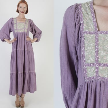 Coattagecore Purple Cotton Tent Dress, Vintage 70s Renaissance Festival Midi, Puff Poet Sleeve Boho Wedding Sundress 