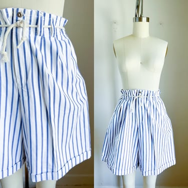 Vintage 1990s Blue & White Striped Paper Bag Waist Shorts / S/M 