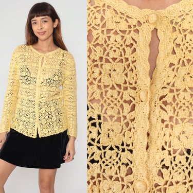 Yellow Crochet Cardigan 80s Sheer Floral Knit Sweater Top Boho Cutout Button up Bohemian Open Weave Cut Out Hippie Boho Vintage 1980s Medium 