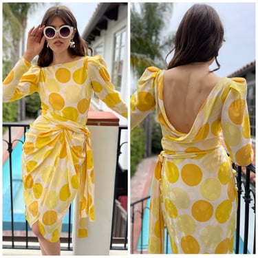 European Designer Silk Yellow polka dot exquisite Party Dress M 