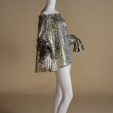 Emanuel Ungaro by Giambattista Valli silk semi-sheer leopard print gold off the shoulder peasant blouse with ruffles 