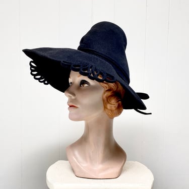 Vintage Dramatic 1930s Wide Brimmed High Peaked Crown Hat, Rare 30s Black Wool Felt Fedora, 20 3/4